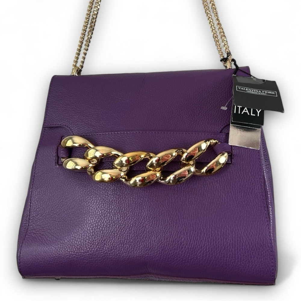 Valentina Fiore Purple Leather & Gold Chain Accent Convertible Crossbody Bag New